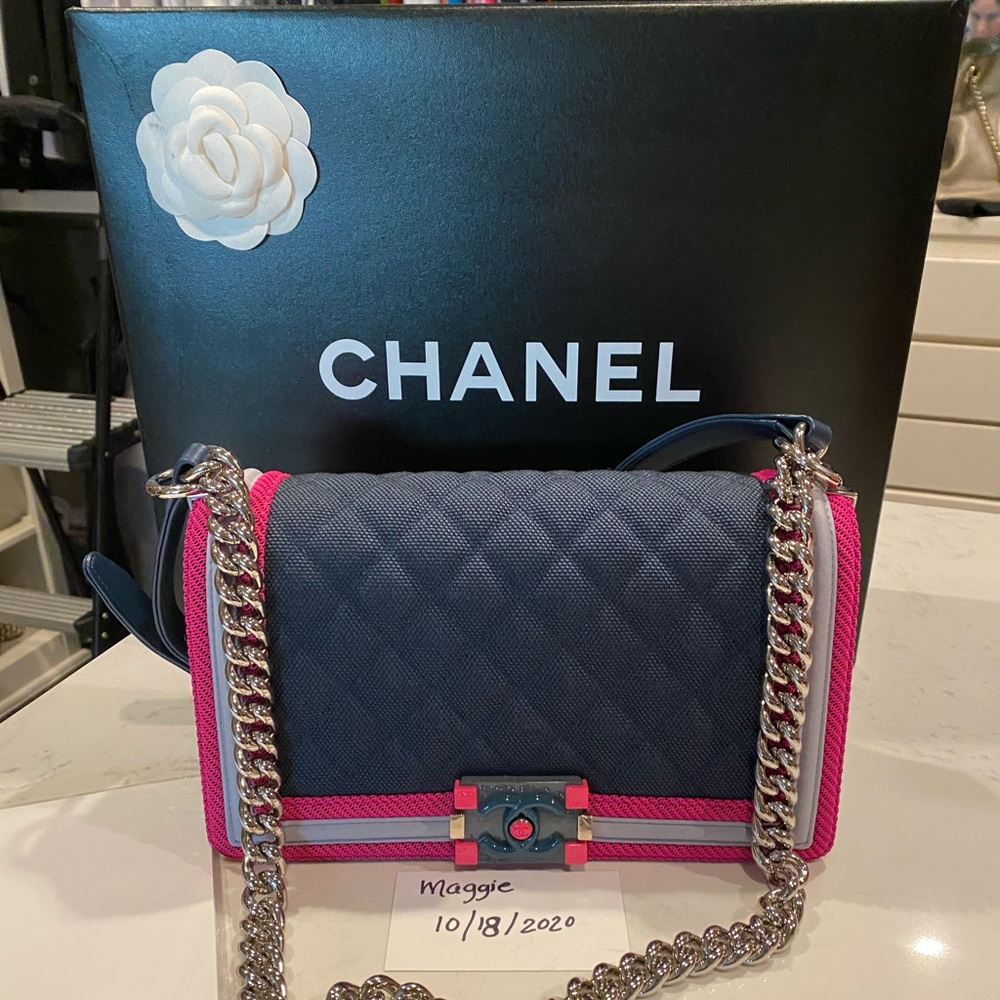 Authentic Chanel Fluo boy flap bag in blue canvas